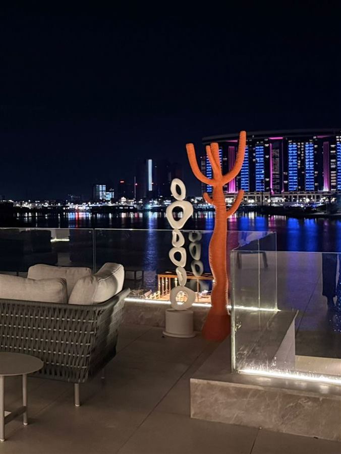Orange sculpted cactus on a night terrace over city lights