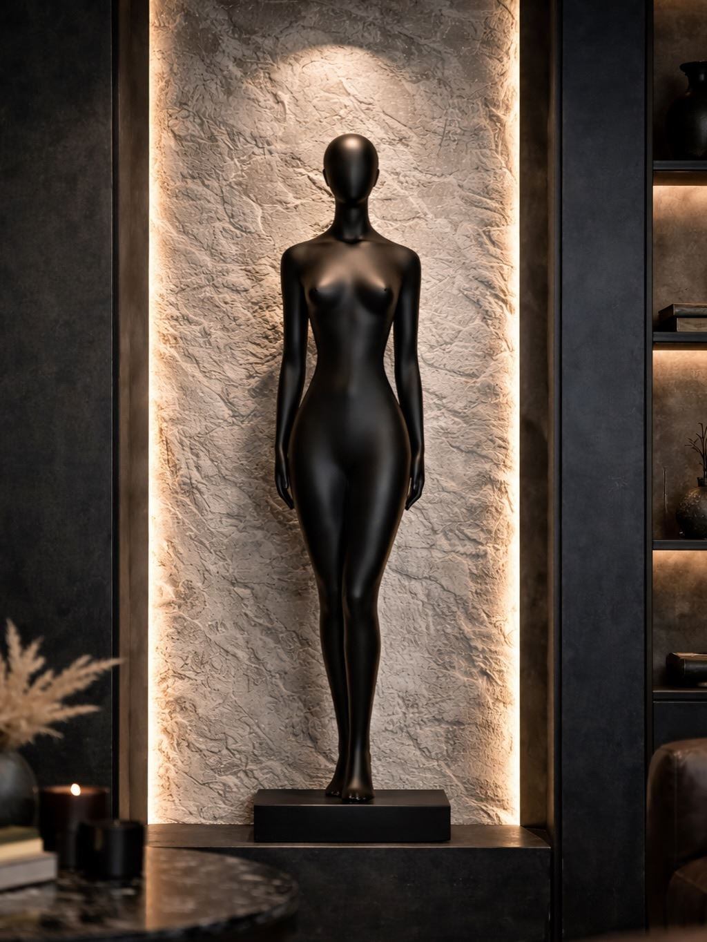 Elongated black female figure in a warm lit stone niche