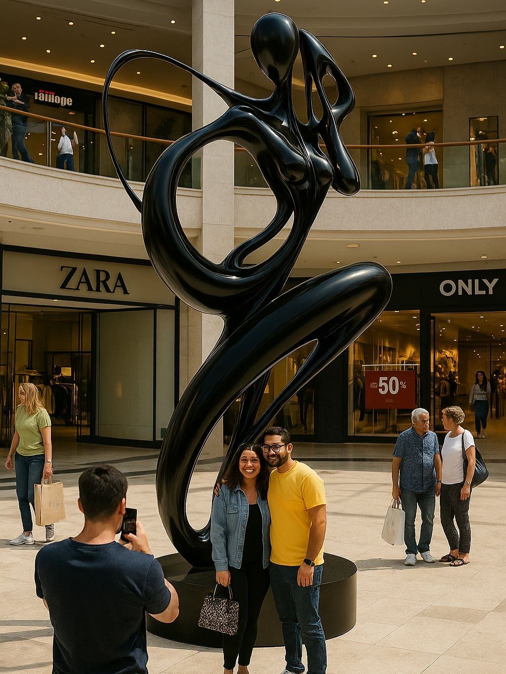 Black flowing figure sculpture in a shopping atrium with passersby