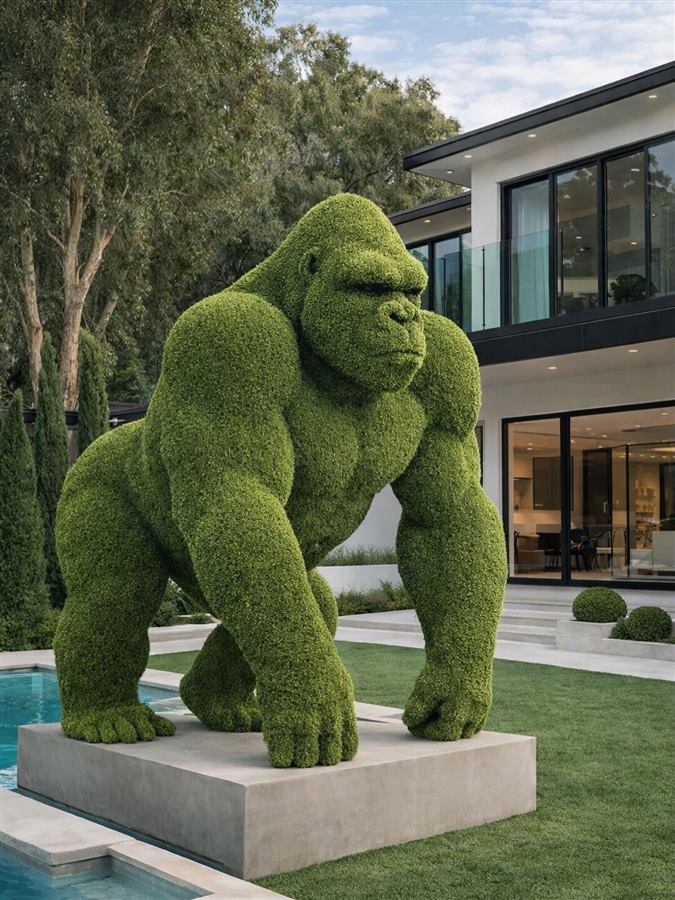 Gorilla shaped topiary sculpture beside a villa pool