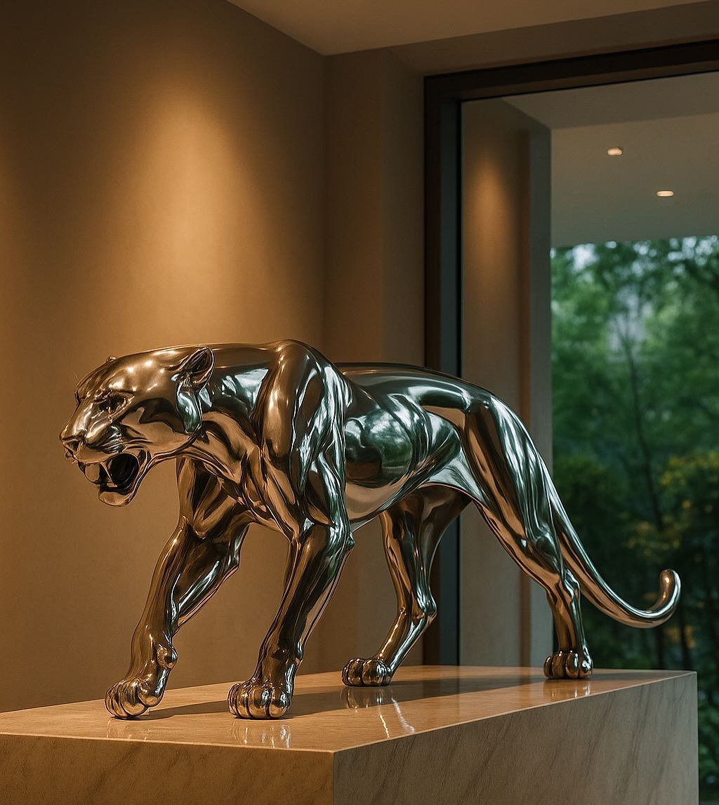Polished chrome panther prowling on a console table