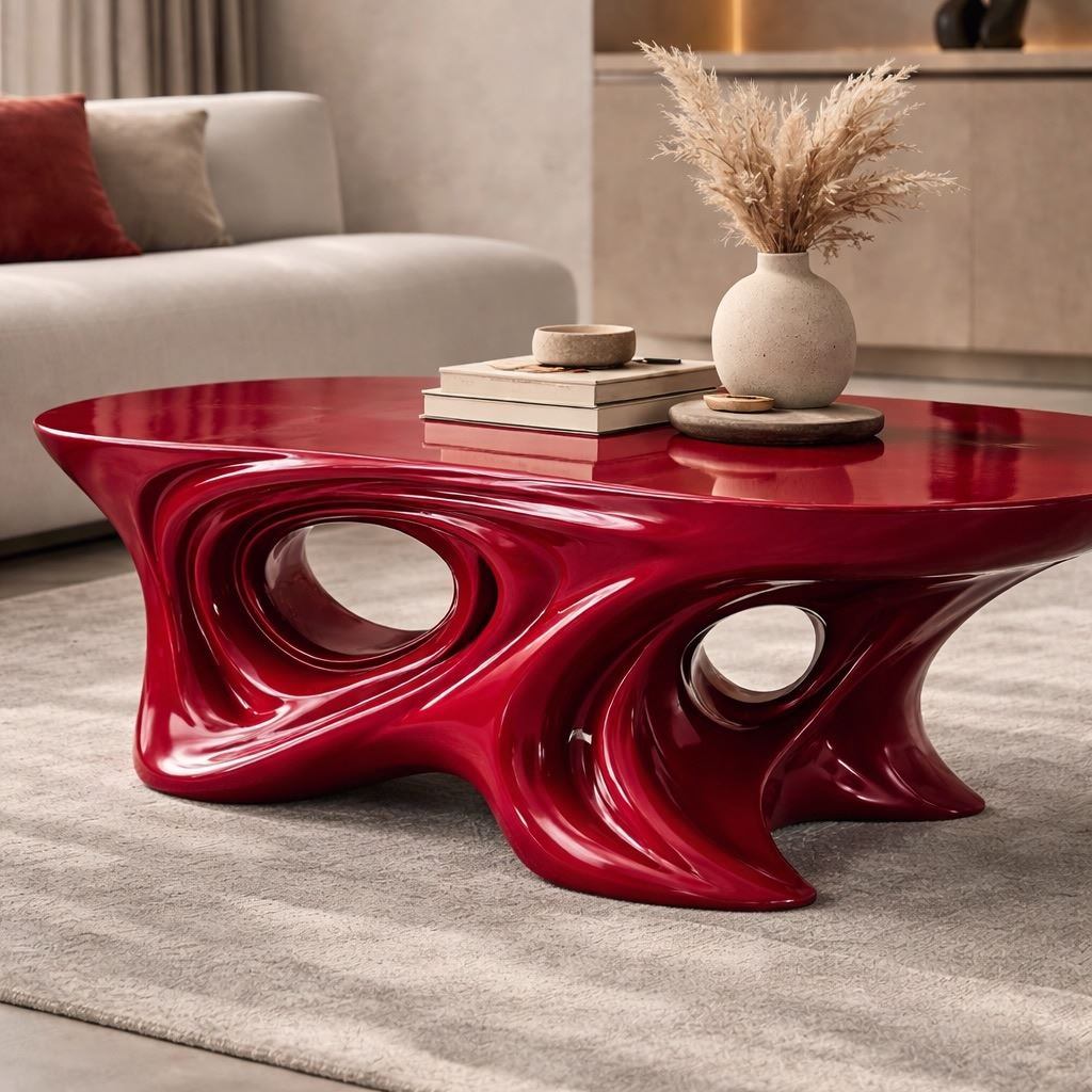 Sculptural coffee table in glossy red with organic openings
