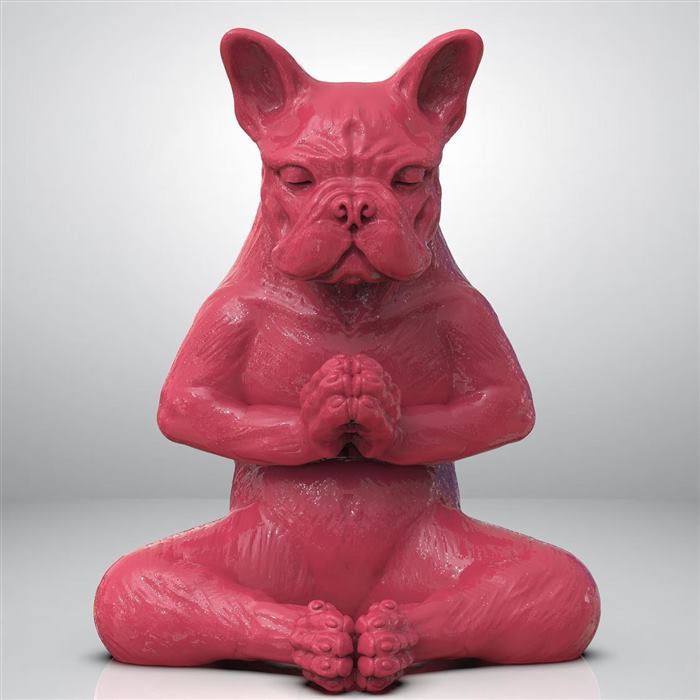 Render of a red meditating bulldog figure