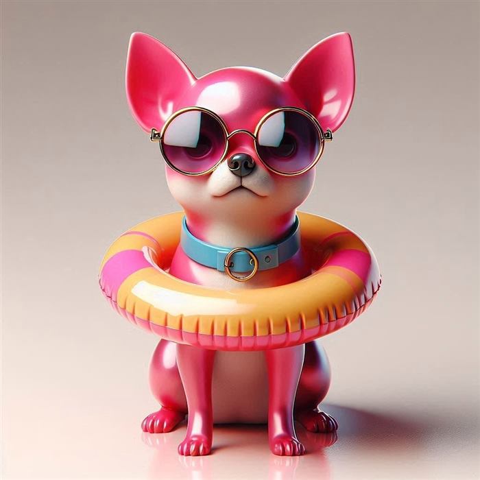 Render of a pink chihuahua figure in a pool float