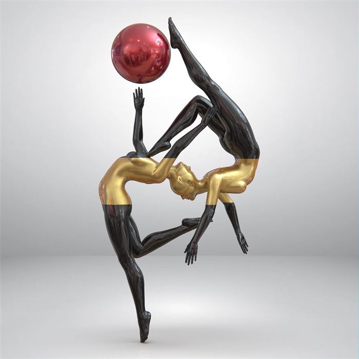 Render of a black and gold gymnast figure balancing a red sphere