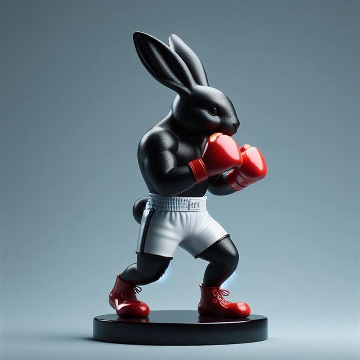Render of a black rabbit figure wearing red boxing gloves